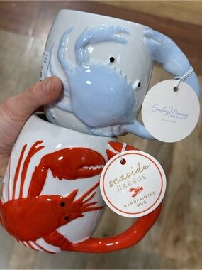 Seaside Harbor Handpainted Crab Mugs - Blue & Red